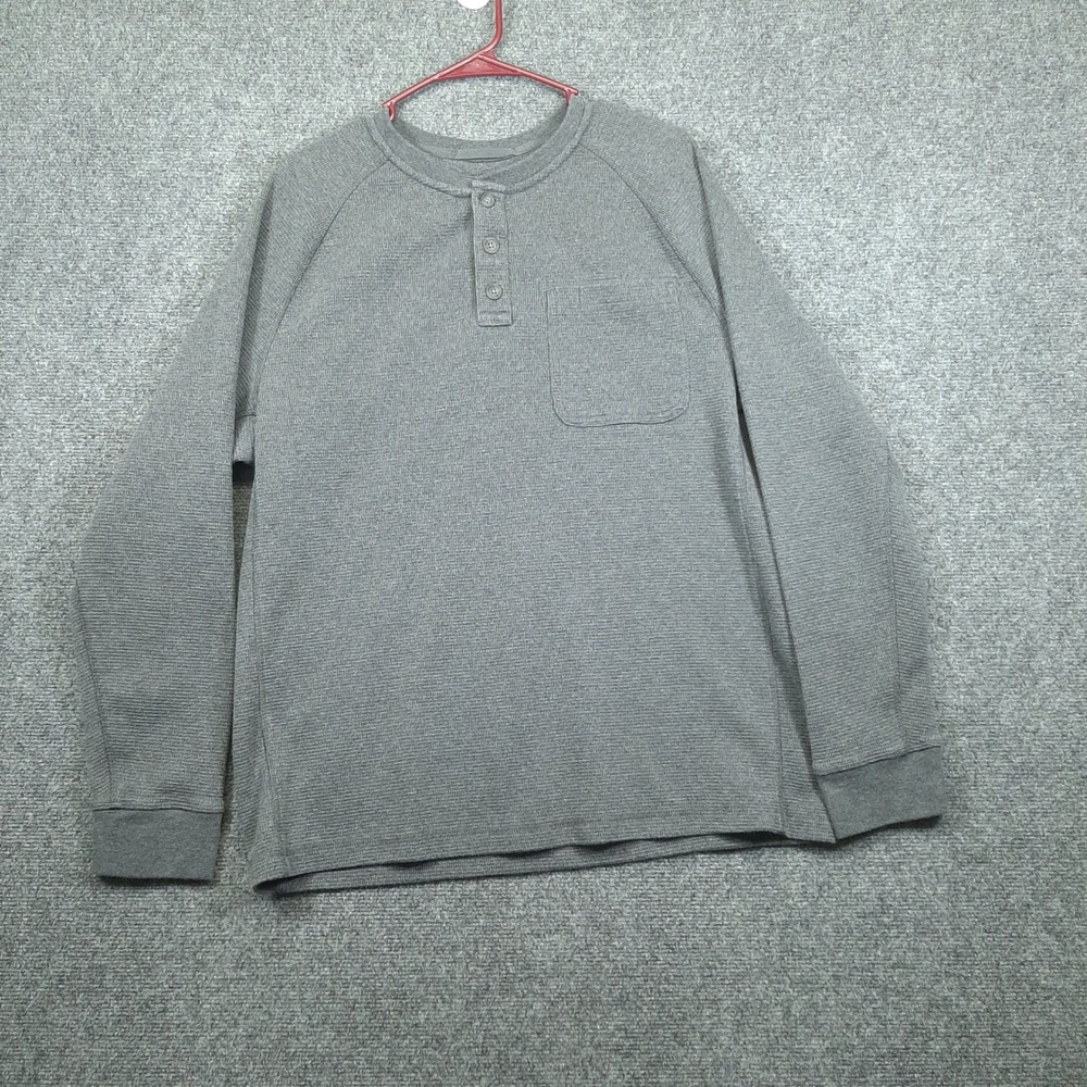 Duluth Trading Co Henley Shirt RN106803 Size L Gray Mens Waffle Knit Pocket L/S